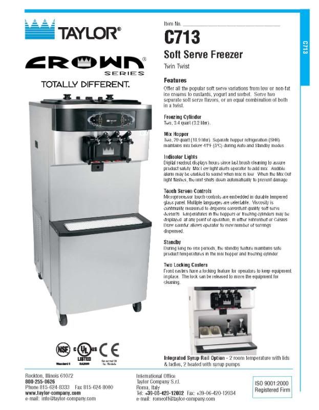 Frozen Yogurt Taylor C713 Soft Serve Ice Cream Machine 2008 Air Cooled